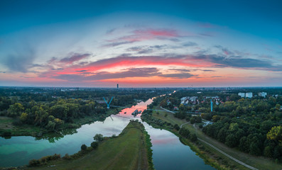 Sunset over Odra in Wrocław Dąbie area aerial view