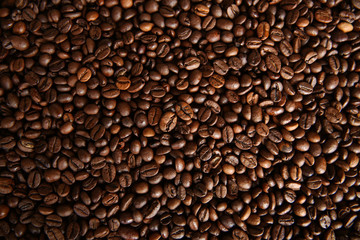 coffee beans background. Flat lay. Top view. Pattern, background, texture.