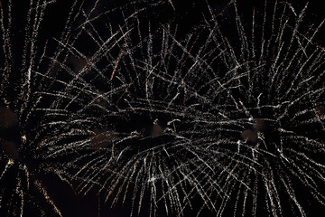Obraz premium Fireworks in the night sky. Texture salute. Abstract photo of flares on a black background. Photos of lights salute in the sky. Image of salute flashes. Texture of colored lights.