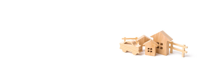 Wooden houses and car on a white background. The concept of possessions, buildings. Purchase and sale of real estate, investment. Agglomeration. Construction of industrial complexes. banner