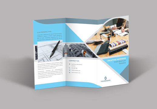Trifold Brochure Layout with Light Blue and Grey Accents