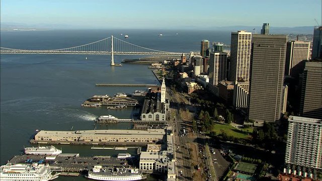 Aerial San Francisco City USA skyscrapers Wharf Bay Bridge