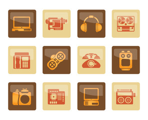 electronics, media and technical equipment icons over brown background - vector icon set