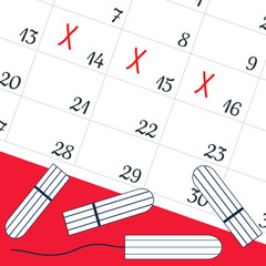 A calendar with the menstrual days marks and menstrual tampons. Vector illustration of blood period calendar. Menstruation period pain protection. Feminine hygiene, monthlies rainy days.
