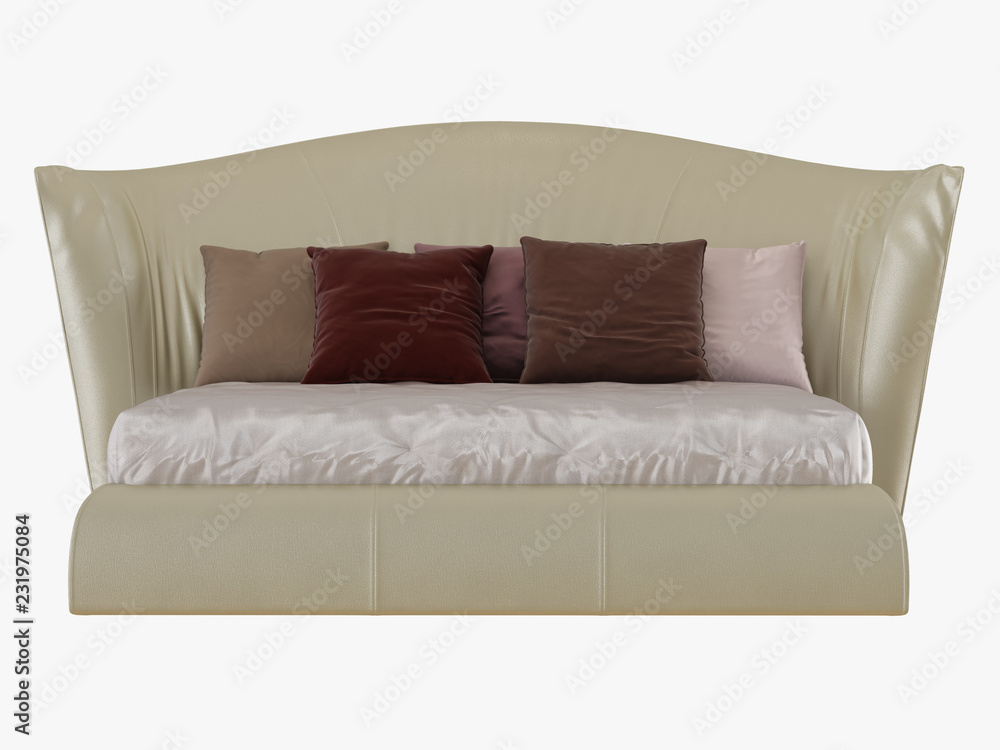 Aufkleber large beige bed with a soft back and colored pillows front view 3d rendering