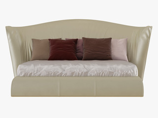 Large beige bed with a soft back and colored pillows front view 3D rendering