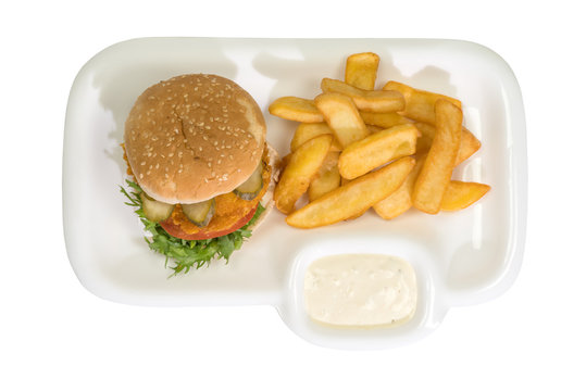 Kid's menu meal with chicken burger and steak fries isoalted on white background