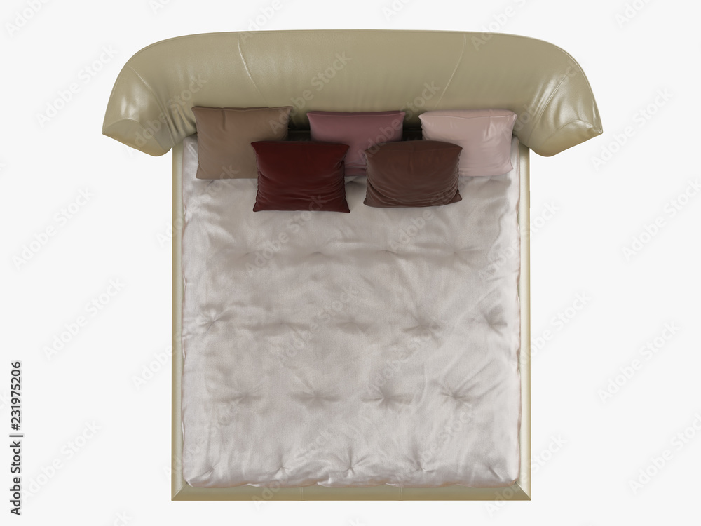 Aufkleber large beige bed with a soft back and colored pillows top view 3d rendering