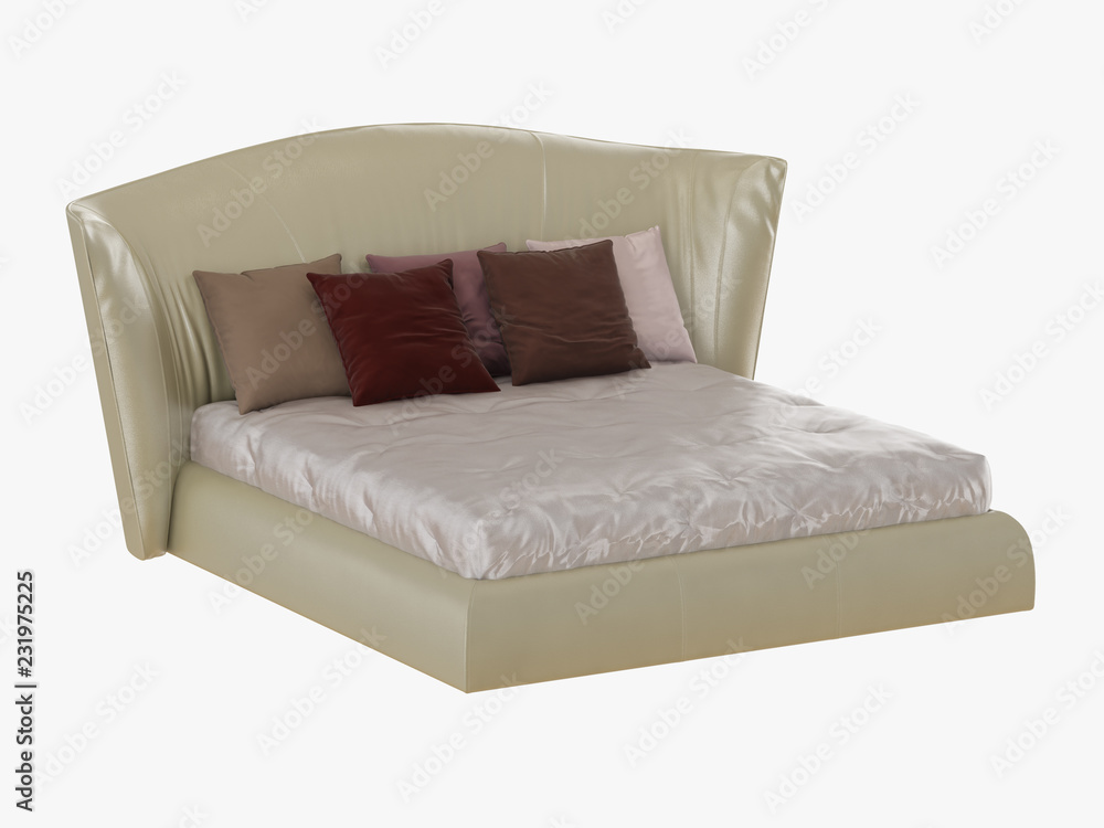 Poster large beige bed with a soft back and colored pillows side view 3d rendering