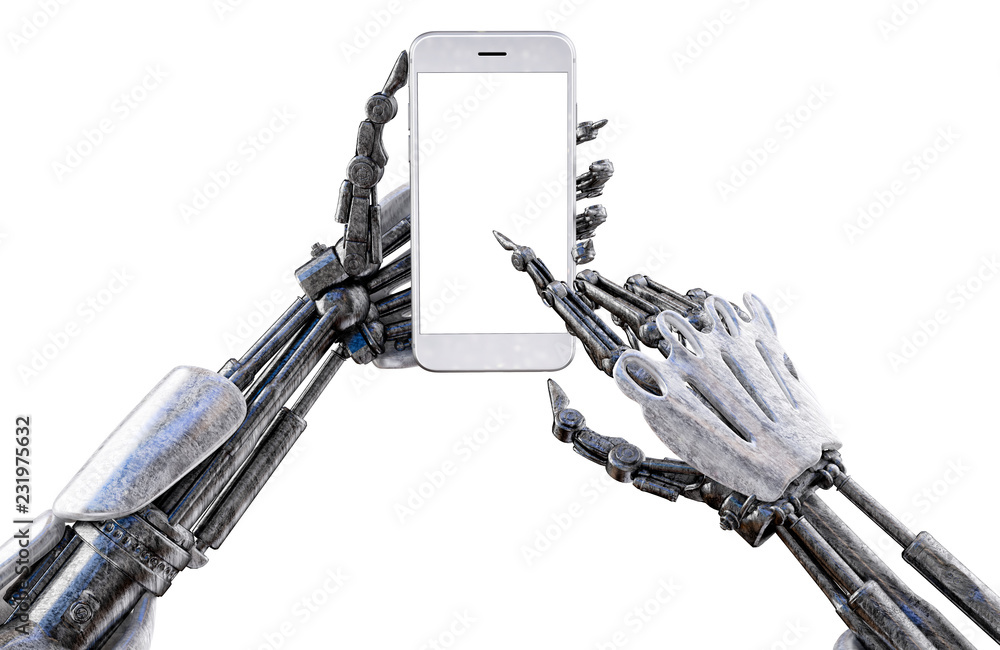 Aufkleber robot hand holding smartphone with blank screen mock up, touching screen, isolated on white backgrou