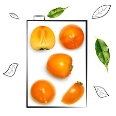 Fruit composition with fresh persimmon and cartoon cute doodle drawing elements on white background. Creative minimalistic food concept.