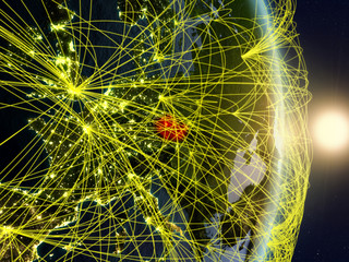 Czech republic in sunrise on planet planet Earth with network. Concept of connectivity, travel and communication.