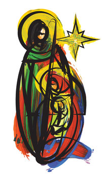 Christmas nativity scene - Joseph Mary and baby Jesus. Abstract artistic watercolor painting.