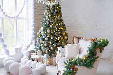 Christmas background. Interior room decorated in xmas style. No people. New year tree and gifts