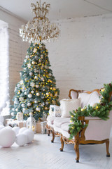 Christmas background. Interior room decorated in xmas style. No people. New year tree and gifts