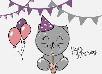 Cute cat blows out the candle on the cupcake. creative cards templates with Happy birthday theme design. Hand Drawn card for birthday, anniversary, party invitations, scrapbooking. Vector illustration