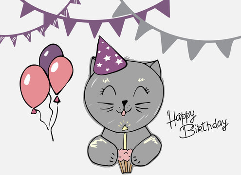 Cute cat blows out the candle on the cupcake. creative cards templates with Happy birthday theme design. Hand Drawn card for birthday, anniversary, party invitations, scrapbooking. Vector illustration