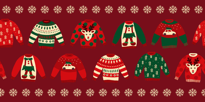 Ugly Christmas sweaters seamless vector border. Knitted winter jumpers with norwegian ornaments and decorations. Holiday design green, red, white for party invitation, banner, greeting cards, posters