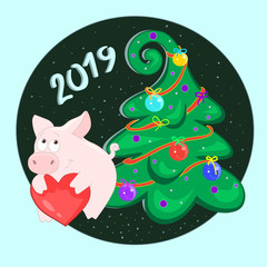 Pig at the Christmas tree. Funny character with a heart. Happy new year. 2019. Symbol of the year in the Eastern calendar. Balls and garland on the tree.Vector illustration.