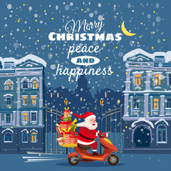 Merry Christmas and Happy New Year, Happy Santa Claus with a gifts box riding a scooter. Winter background, night town, snow. Christmas holiday theme design element for greeting cards, banners, ads in
