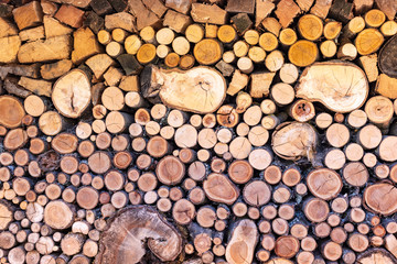 Gestapeltes Holz in verschiedenen Größen als Brennholz