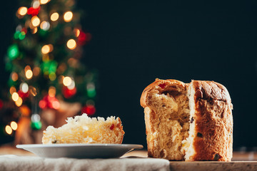 Christmas cake panettone and Christmas decorations.