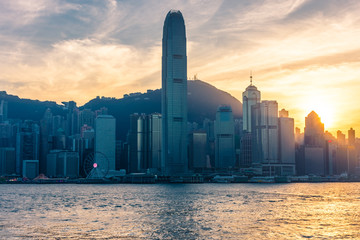 HONG KONG, CHINA, 15 JANUARY 2018: Sunset over the skyline and the Victoria Harbor
