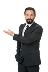 Business advisor manager show direction. Look at that statistics financial data. Pointing at business advertisement. Man advisor pointing advertisement isolated on white. Check out financial advisor