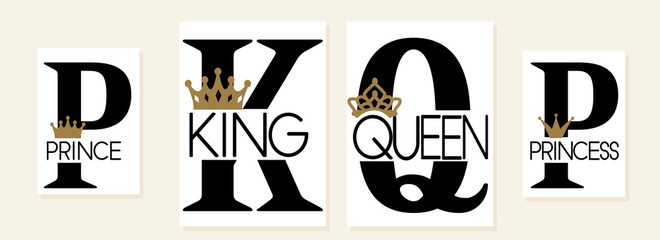 King,Queen, Prince and Princess. Mom, dad, little sister, brother, daughter, son - set of family crown design. Black text isolated on white. Printable: t-shirt, pillow, mug, cup, sweatshirt, pajamas Wall mural