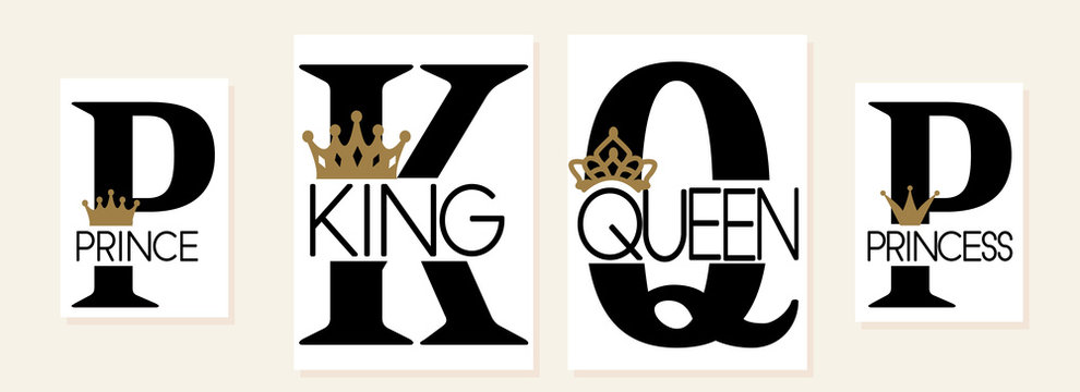 King,Queen, Prince and Princess. Mom, dad, little sister, brother, daughter, son - set of family crown design. Black text isolated on white. Printable: t-shirt, pillow, mug, cup, sweatshirt, pajamas