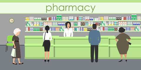 People in the pharmacy. The pharmacist stands near the shelves with medicines. In the green hall there are visitors. Vector illustration