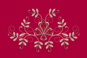 Pattern for embroidery yellow vinous flower and twisted beads with leaves on red background

