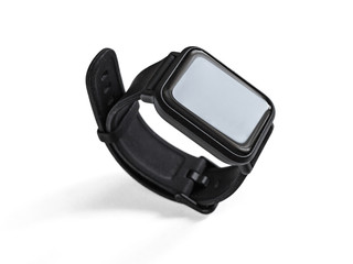 Fototapeta premium Black plastic smart watch with rubber wrist strap with clasp isolated on white background