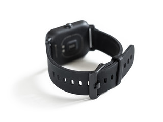 Rubber wrist strap with clasp on black smart watch isolated on white background