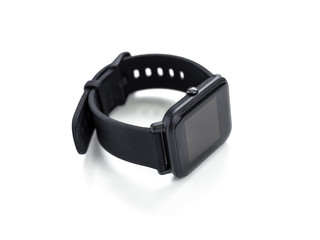Fototapeta premium Smart watch with black plastic case and soft rubberized strap isolated on white background