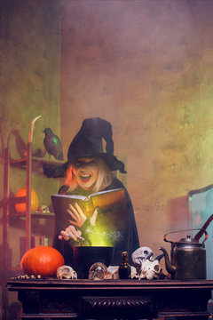 Portrait of witch on cauldron with steam