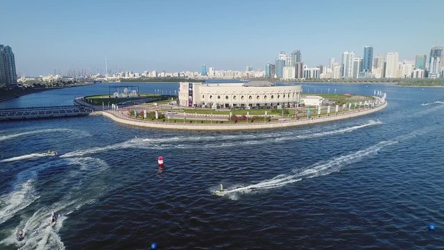 Aerial view of jet ski training for race in Khalid lake in Sharjah, U.A.E.