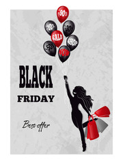 Vector poster for black friday. Silhouette of a girl who holds shopping bags in her hand and flies on balloons. Discounts, sale.