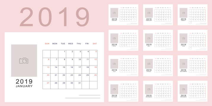 Light pink minimalistic calendar of new 2019 year with place for photo. Week starts in Sunday, twelve month calendar. Work and holiday events planner, block-almanac template