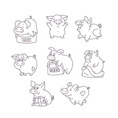 Funny pig in different poses. Cartoon character holding a gift. Emotions of Pets. Happy new year. 2019. Postcard. Congratulations to a friend. Symbol of year. Chinese horoscope. Vector illustration. P