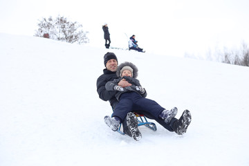 Fototapeta na wymiar father and son sledding hill winter snow