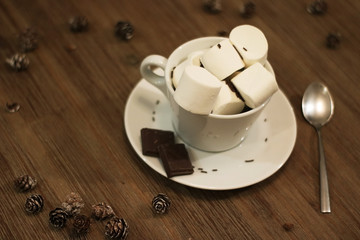 cocao in small coffe cup with marshmallows and chocolat in winter decoration. Winter drink