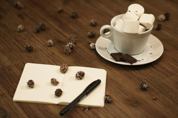 Making plans for christmas and new year eve in winter decorations and drinking hot choclate drink with marshmallows