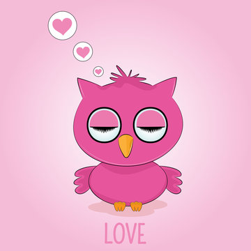 Fantasy is sleeping red bird owl isolated on pink background.