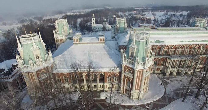 Aerial view of amazing tower of the Grand palace in Tsaritsyno, piece of architectural art. Russia, Moscow. Palace complex created as a suburb residence of the Empress Catherine II (18th century).