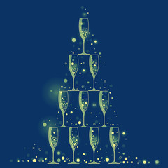 golden champagne glasses put one on another in form of Christmas tree on dark blue background - flat vector illustration