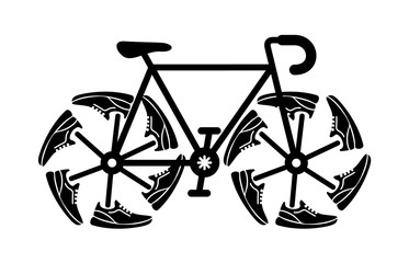 Fototapeta na wymiar Running shoes on bike wheel. Simple ride icon.