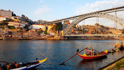 View of the Dom Luis I Bridge and Douro river from Vila Nova de Gaia in Porto, Portugal