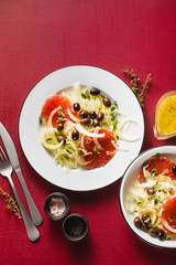 Fresh delicious salad of fennel, grapefruit and olives. Healthy Vegan Mediterranean Recipe