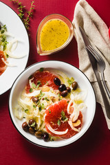 Fresh delicious salad of fennel, grapefruit and olives. Healthy Vegan Mediterranean Recipe
